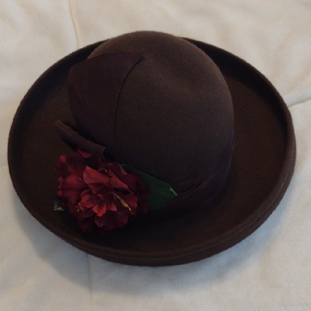 Betmar Chocolate Hat with Deep Red Floral Detail